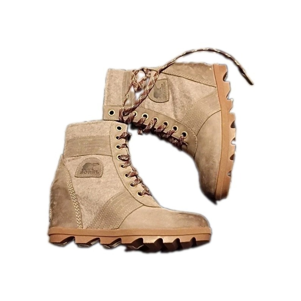 Sorel Lexie Wedge Ankle Bootie Brown Grey Wool Leather NL3778-297 Womens 8.5